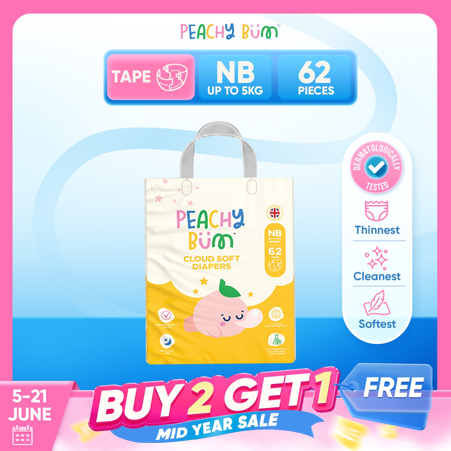 BUY 2 GET 1 FREE [1 Pack] Cloud Soft Diapers