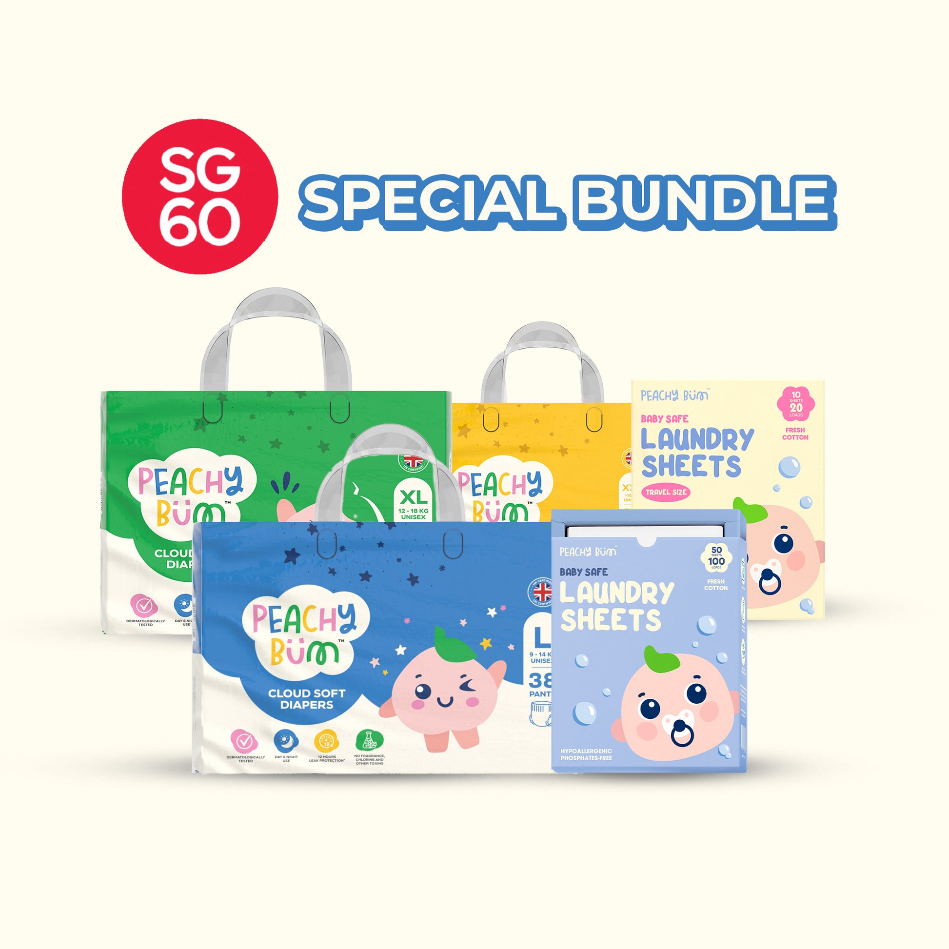 Peachy Bum product bundle including diapers and laundry sheets with a SG 60 Special Bundle label.